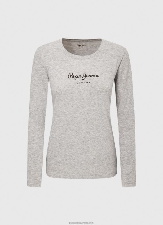 Women Grey Marl Pepe Jeans Long-Sleeved Cotton T-Shirt 60J40473 - Image 5