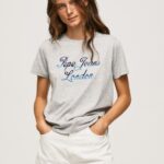 Women Grey Marl Pepe Jeans Printed Logo Cotton T-Shirt 60J40412