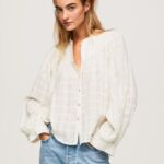 Women Mousse Pepe Jeans Mao Collar Cotton Dobby Blouse 60J40362