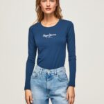 Women Navy Pepe Jeans Long-Sleeved Cotton T-Shirt 60J40472