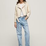 Women Off Lace Pepe Jeans Biker Jacket With Epalules Shoulders 60J40115
