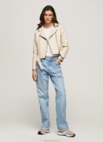 Women Off Lace Pepe Jeans Biker Jacket With Epalules Shoulders 60J40115