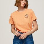 Women Peach Pepe Jeans Logo Print T-Shirt 60J40394