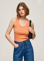 Women Peach Pepe Jeans Ribbed Armhole-Sleeved T-Shirt 60J40398 - Image 2