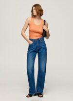 Women Peach Pepe Jeans Ribbed Armhole-Sleeved T-Shirt 60J40398