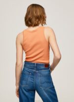 Women Peach Pepe Jeans Ribbed Armhole-Sleeved T-Shirt 60J40398 - Image 4