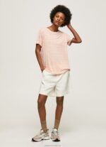 Women Peach Pepe Jeans Striped Print T-Shirt 60J40386 - Image 2