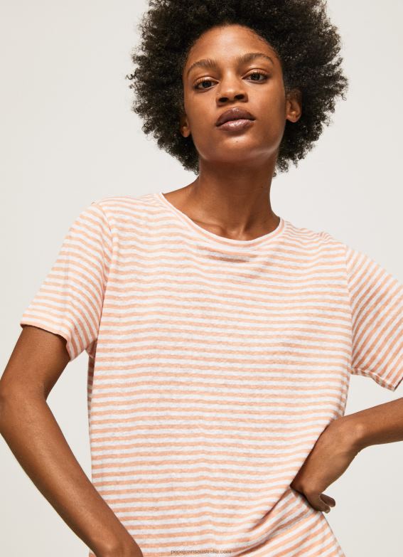 women_peach_pepe_jeans_striped_print_t_shirt_60j40386.jpg Women Peach Pepe Jeans Striped Print T-Shirt 60J40386 - Image 1