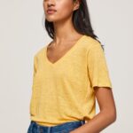Women Shine Pepe Jeans Linen V-Neck T-Shirt 60J40453