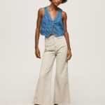 Women Stone Pepe Jeans Flared Cotton Trousers 60J40312
