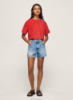 Women Studio Red Pepe Jeans Cropped Fit Velvet T-Shirt 60J40460 - Image 2