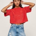 Women Studio Red Pepe Jeans Cropped Fit Velvet T-Shirt 60J40460