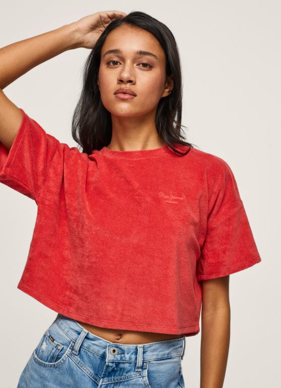 Women Studio Red Pepe Jeans Cropped Fit Velvet T-Shirt 60J40460 - Image 3
