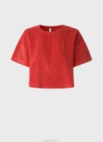 Women Studio Red Pepe Jeans Cropped Fit Velvet T-Shirt 60J40460 - Image 5