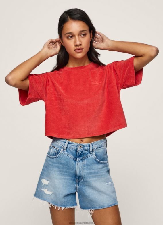 Women Studio Red Pepe Jeans Cropped Fit Velvet T-Shirt 60J40460 - Image 1