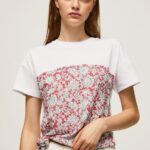 Women Studio Red Pepe Jeans Floral Printed Cotton T-Shirt 60J40380