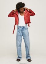 Women Studio Red Pepe Jeans Lamb Leather Biker Jacket 60J40105 - Image 2