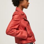 Women Studio Red Pepe Jeans Lamb Leather Biker Jacket 60J40105