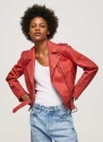 Women Studio Red Pepe Jeans Lamb Leather Biker Jacket 60J40105 - Image 3