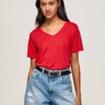 Women Studio Red Pepe Jeans Linen V-Neck T-Shirt 60J40465