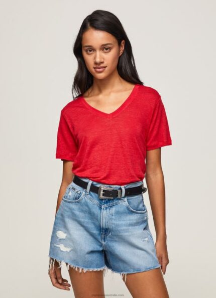 Women Studio Red Pepe Jeans Linen V-Neck T-Shirt 60J40465