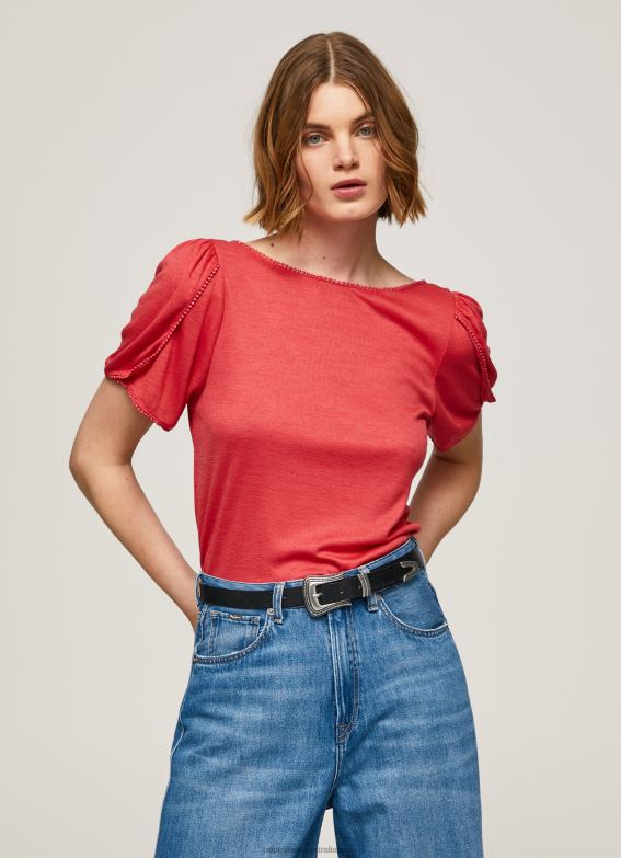 Women Studio Red Pepe Jeans Marbled Boat Collar T-Shirt 60J40435 - Image 2