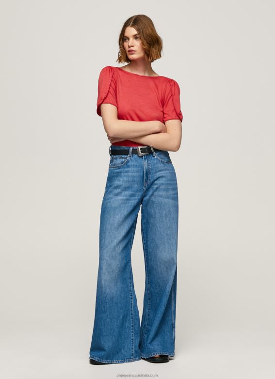 Women Studio Red Pepe Jeans Marbled Boat Collar T-Shirt 60J40435 - Image 3