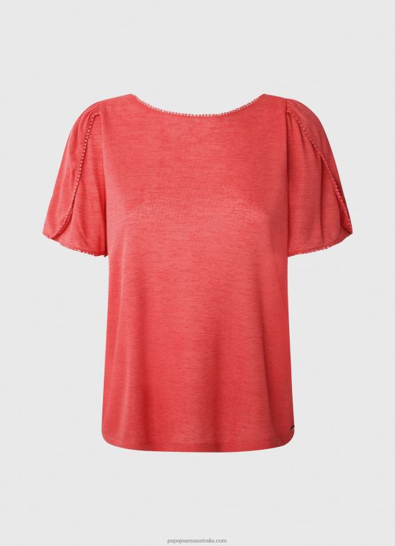 Women Studio Red Pepe Jeans Marbled Boat Collar T-Shirt 60J40435 - Image 5