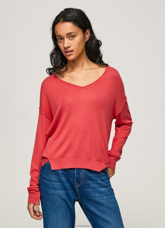 Women Studio Red Pepe Jeans V Neckline Relaxed Fit Jersey 60J40258 - Image 2