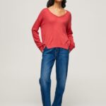 Women Studio Red Pepe Jeans V Neckline Relaxed Fit Jersey 60J40258