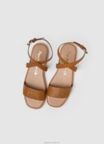 Women Tan Pepe Jeans Irma Log Flat Leather Sandals 60J40660 - Image 2