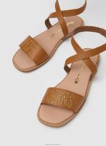 Women Tan Pepe Jeans Irma Log Flat Leather Sandals 60J40660 - Image 3