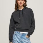 Women Washed Black Pepe Jeans Cotton Hoodie 60J40281