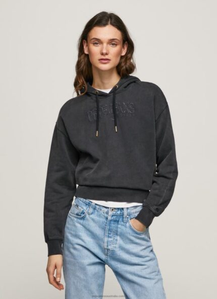 Women Washed Black Pepe Jeans Cotton Hoodie 60J40281
