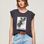Women Washed Black Pepe Jeans Photo Print T-Shirt 60J40388