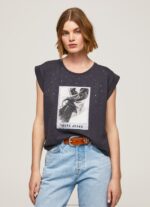 Women Washed Black Pepe Jeans Photo Print T-Shirt 60J40388
