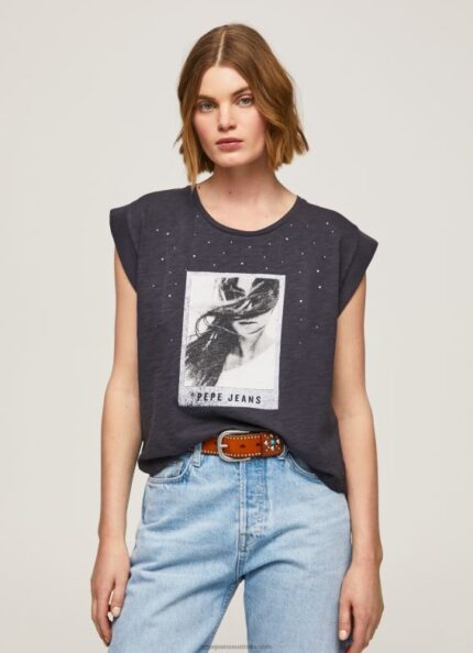 Women Washed Black Pepe Jeans Photo Print T-Shirt 60J40388