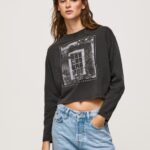 Women Washed Black Pepe Jeans Printed Long Sleeved T-Shirt 60J40427
