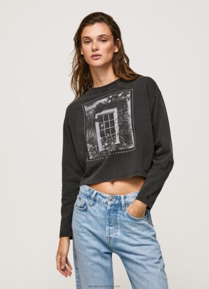 Women Washed Black Pepe Jeans Printed Long Sleeved T-Shirt 60J40427