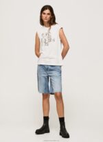 Women White Pepe Jeans Armhole Sleeves Logo T-Shirt 60J40418 - Image 2