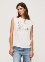 Women White Pepe Jeans Armhole Sleeves Logo T-Shirt 60J40418 - Image 3