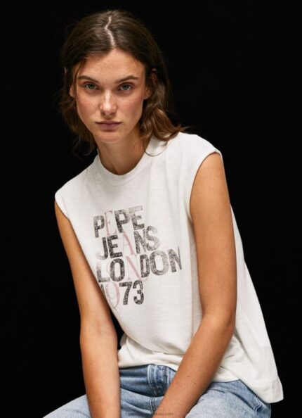 Women White Pepe Jeans Armhole Sleeves Logo T-Shirt 60J40418