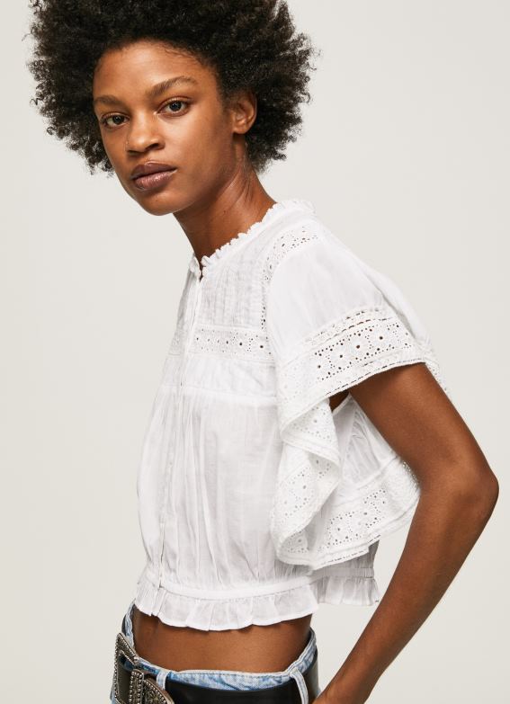 Women White Pepe Jeans Cotton Blouse With Openwork Details 60J40344 - Image 3
