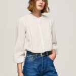 Women White Pepe Jeans Embroidered Cotton Dobby Blouse 60J40343