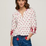 Women White Pepe Jeans Embroidered Cotton Dobby Blouse 60J40345