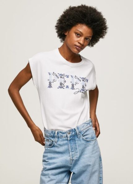 Women White Pepe Jeans Embroidered Logo T-Shirt 60J40433