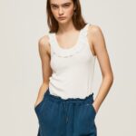 Women White Pepe Jeans Frilled Neckline T-Shirt 60J40390