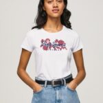Women White Pepe Jeans Logo Print Lycra T-Shirt 60J40385
