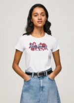 Women White Pepe Jeans Logo Print Lycra T-Shirt 60J40385