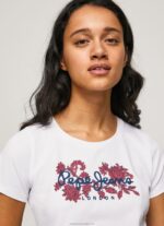 Women White Pepe Jeans Logo Print Lycra T-Shirt 60J40385 - Image 3